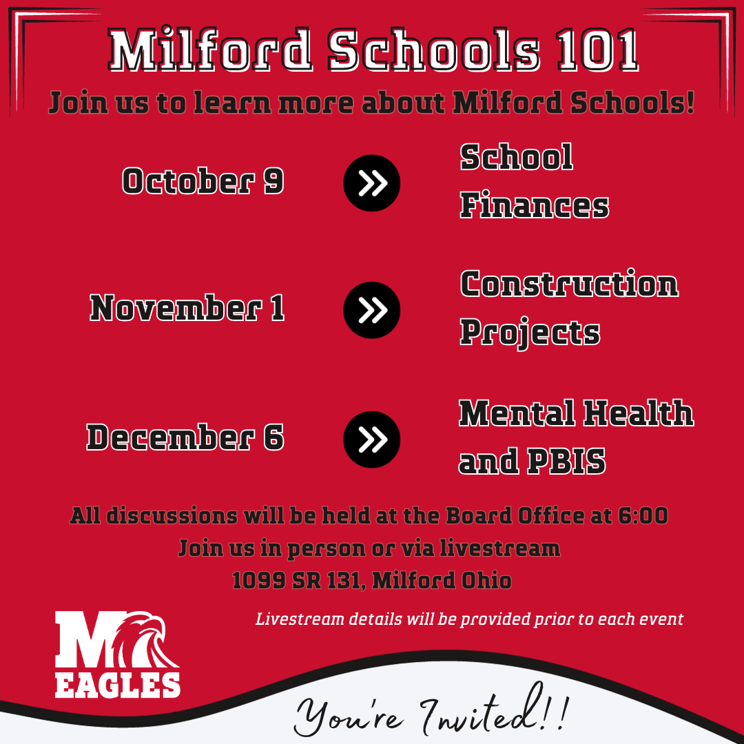 Milford Schools 101 Meetings will be held Oct 9 (school finances), Nov 1, (construction projects), and Dec 6 (Mental health and PBIS)